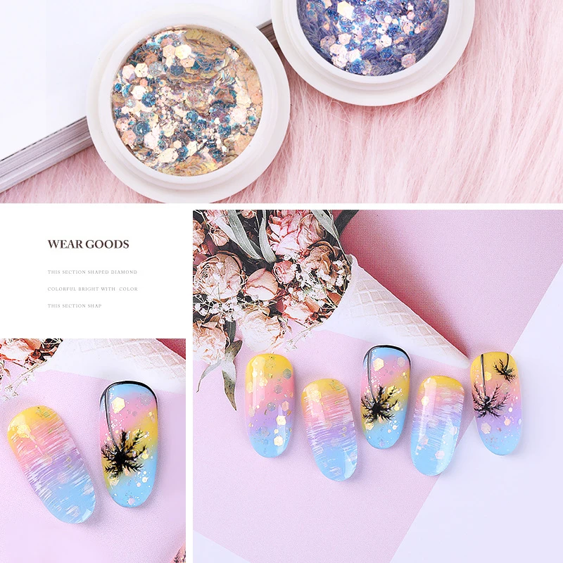 6 коробок/набор микс Размер ногтей Блестящий порошок шестигранные блестки