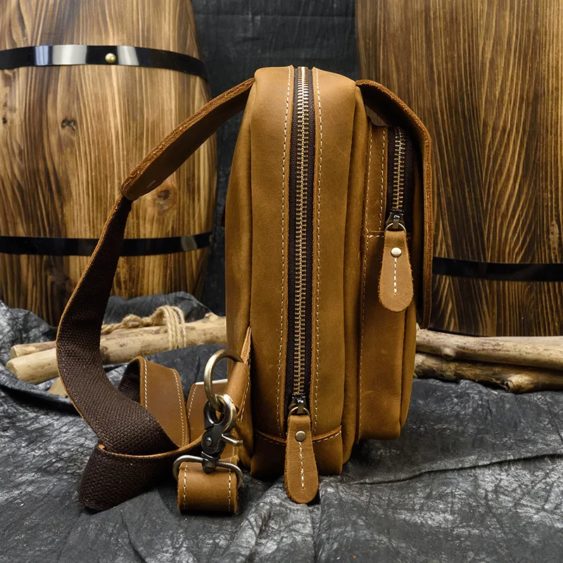 Мужская нагрудная сумка коричневая через плечо из коровьей кожи мини-сумка для