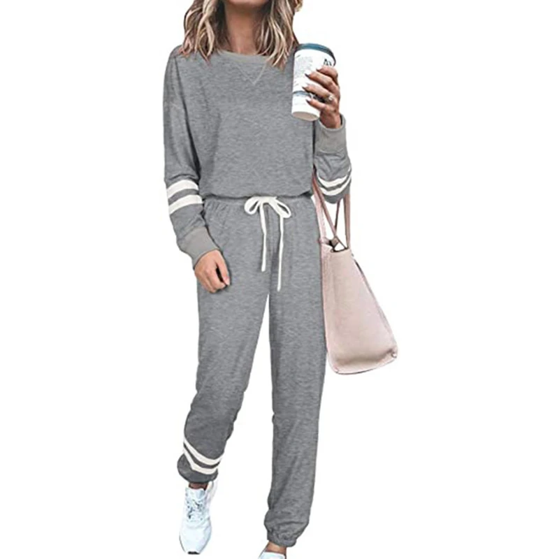 

New large size ladies loose striped suit, two-piece casual wear, two-piece ladies suit, long-sleeved solid color casual pocket p