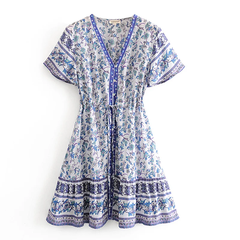 Женское летнее платье с V образным вырезом и коротким рукавом хлопковое