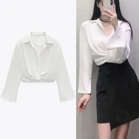 traf summer ruched blouses za women white shirt crop top woman collared shirts casual long sleeve pleated elegant blouses 2021