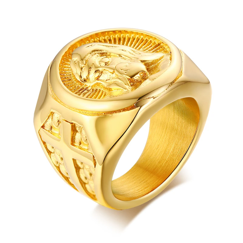Мужское кольцо в стиле рок Золотое из нержавеющей стали фирменное с надписью Jesus