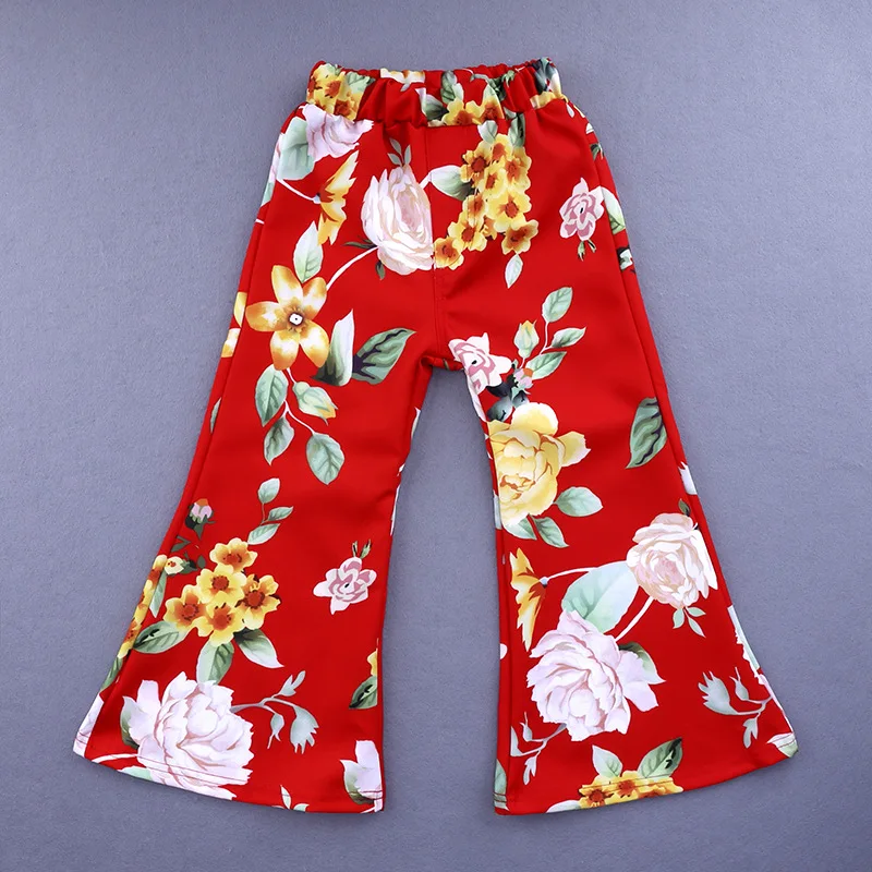 

Fashion Girls Shoulder Lace T-Shirt And Red Printed Flared Bohemia Pants Bell-Bottomed Pants Girl Outfit Kids Clothing Sets