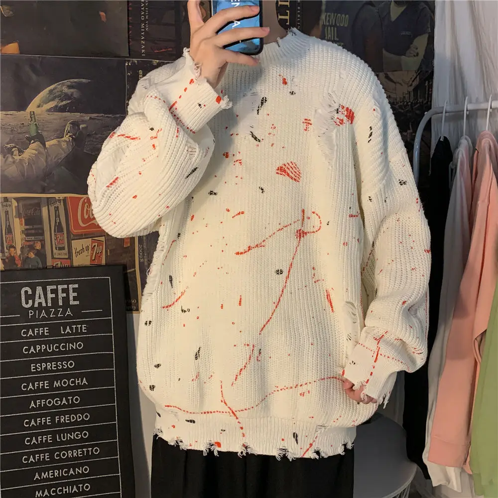 

2021 Men's Fashion Graffiti Hole Pullover Loose Coats Trendy Long Sleeve Wool Sweaters Cashmere Knitting Large Size M-5XL