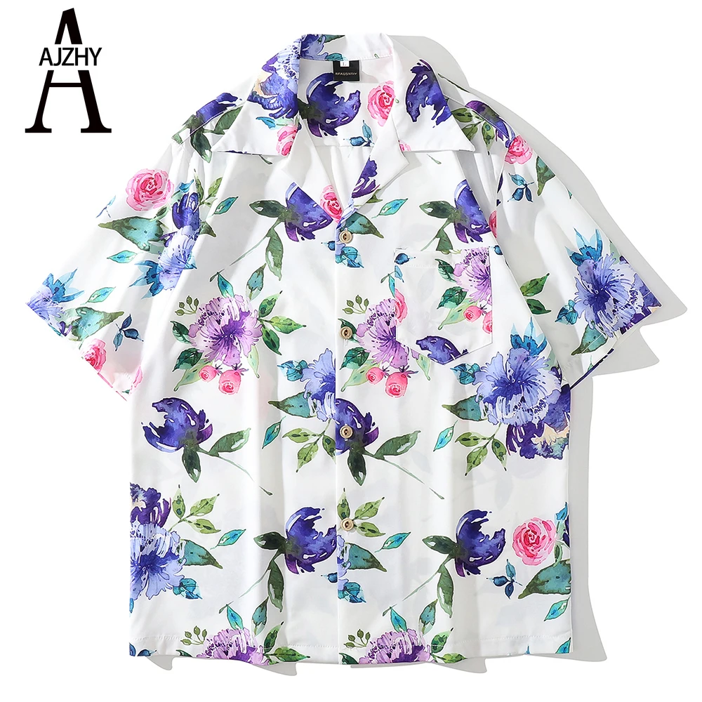 

Мужская пляжная гавайская рубашка, Повседневная рубашка с коротким рукавом и цветочным принтом в японском стиле, Корейская уличная одежда, ...