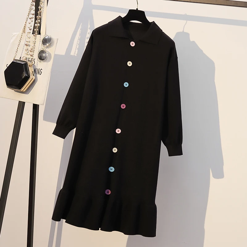 Black XL-XXXL размера плюс женское вязаное платье-свитер осень зима модное однобортное Повседневное платье с длинным рукавом и рюшами - Цвет: Black