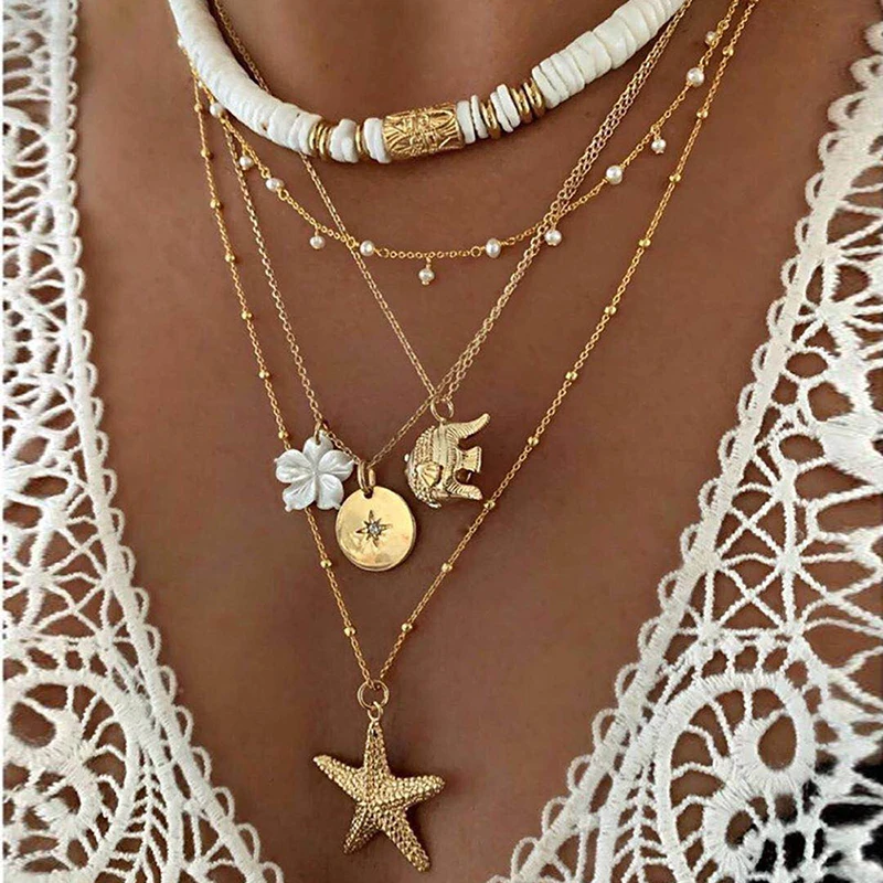 

Bohemia Soft Pottery Elephant Necklace for Woman Starfish Flower Multilayer Necklace Clavicle Chain Jewelry Wholesale