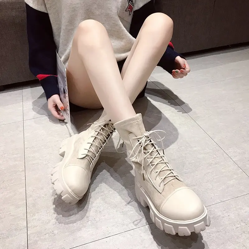 

Женские ботинки-носки, ботильоны в стиле панк/готика, обувь на толстом каблуке, элегантные женские нескользящие ботинки из флока на платфор...