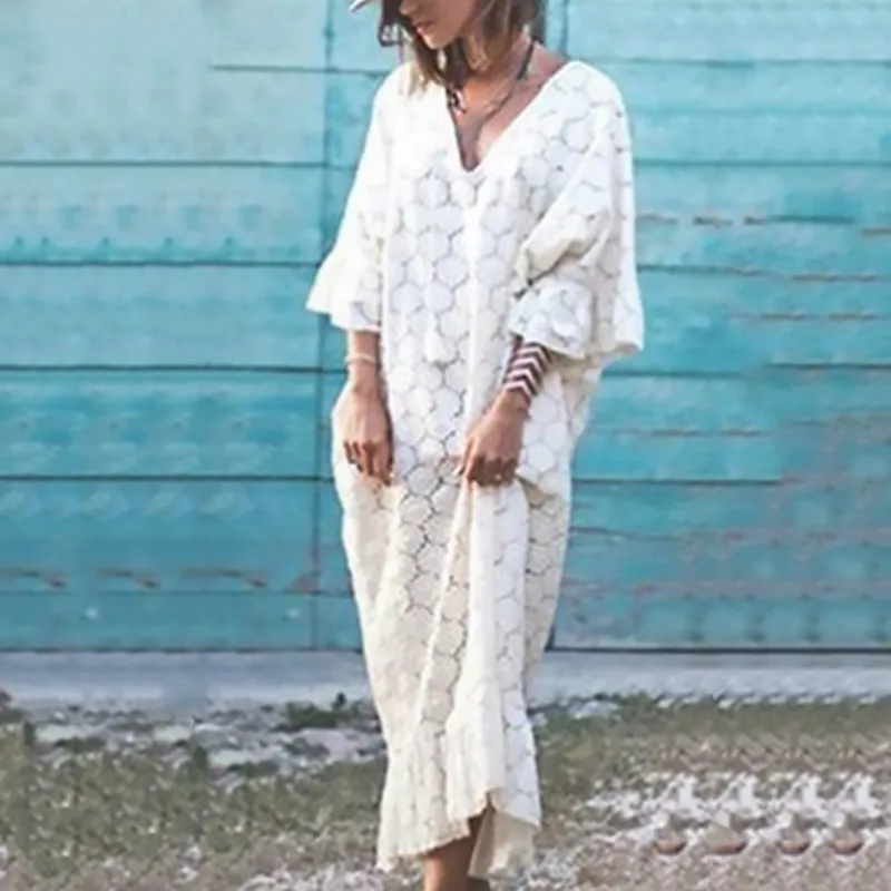 2019 New Spring Summer V-neck Three-quarter Sleeve White Lace Split Joint Loose Big Size Dress Women Fashion Tide R913 | Женская одежда