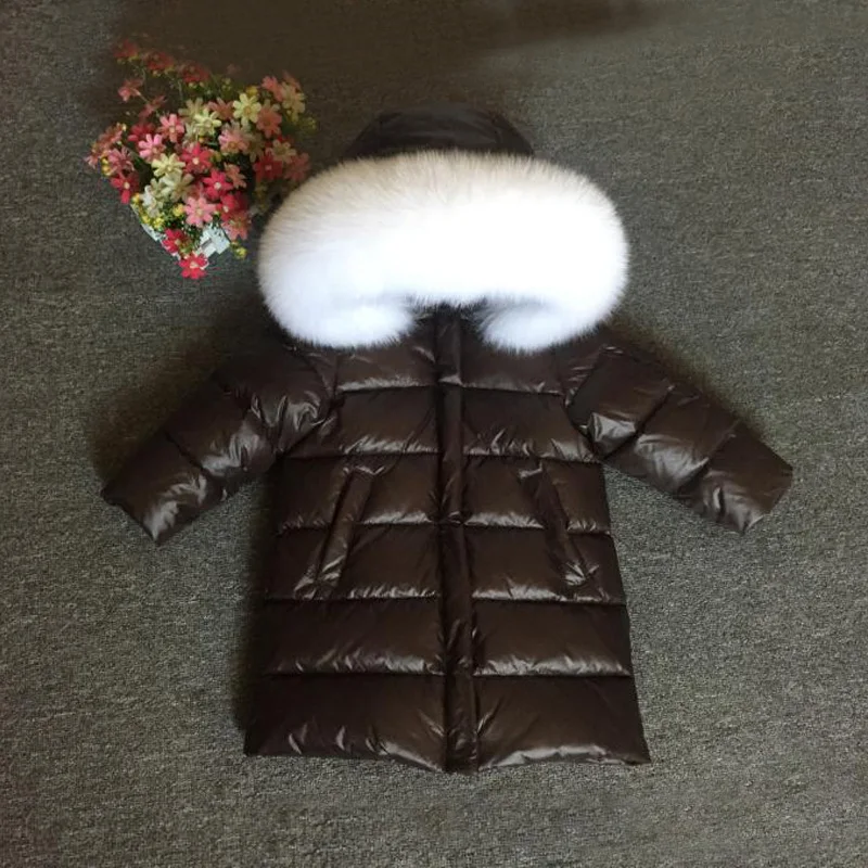 White Fox Coffee Пальто с меховым капюшоном для девочек, Россия-30 зимняя теплая пуховая куртка детское длинное пальто для маленьких мальчиков ветрозащитная детская одежда Зимний комбинезон - Цвет: White Fox Coffee