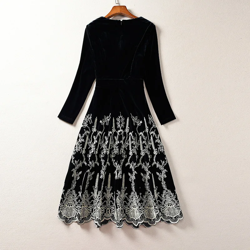 

Velvet 2020 Spring Autumn Style Women V-Neck Luxurious Embroidery 3/4 Sleeve Knee-Length Party Blue Black Dress Vestidos