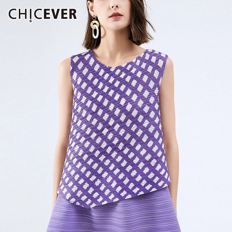 

CHICEVER Purple Dot T Shirt For Women O Neck Sleeveless Loose Minimalist Oversize Casual Pullover T Shirts Females Clothing 2021