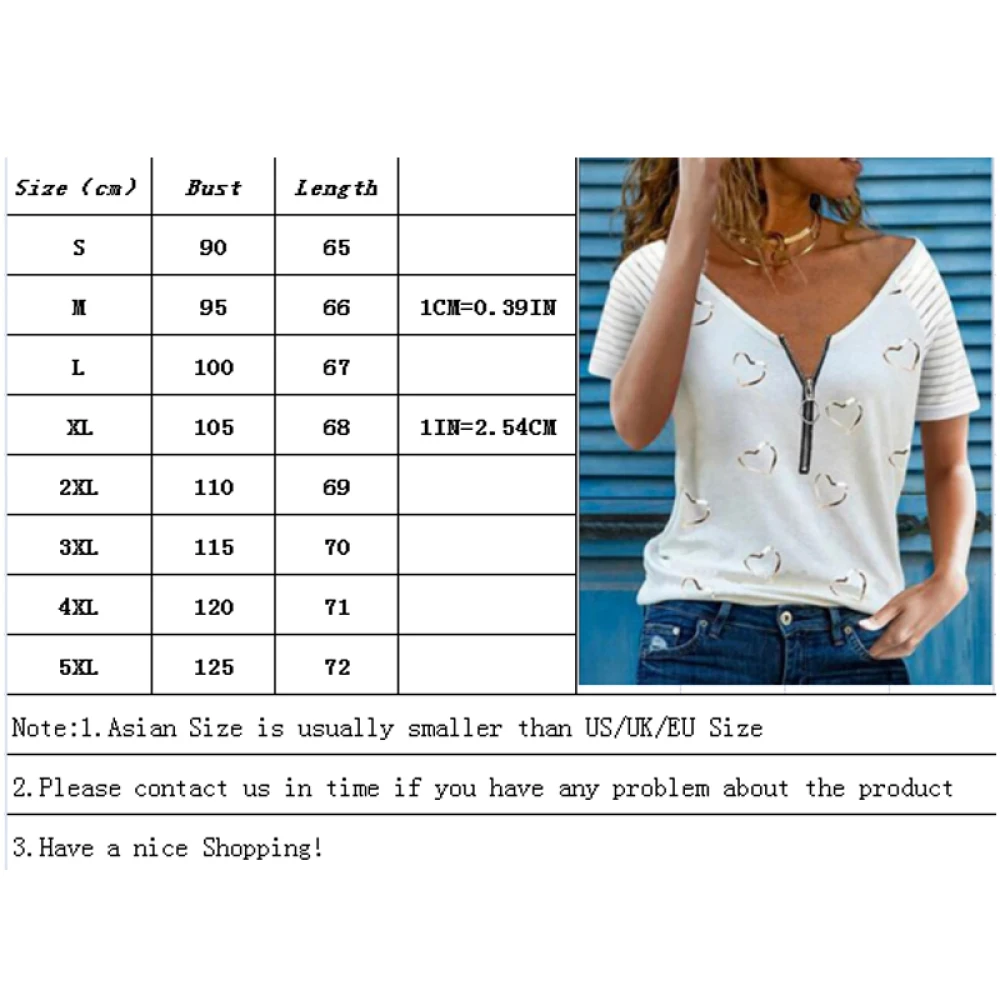 

Women Tshirt V-neck Zipper Stripe Loose Casual T Shirts Spring Summer Plus Size Sexy Tops Tee Shirt