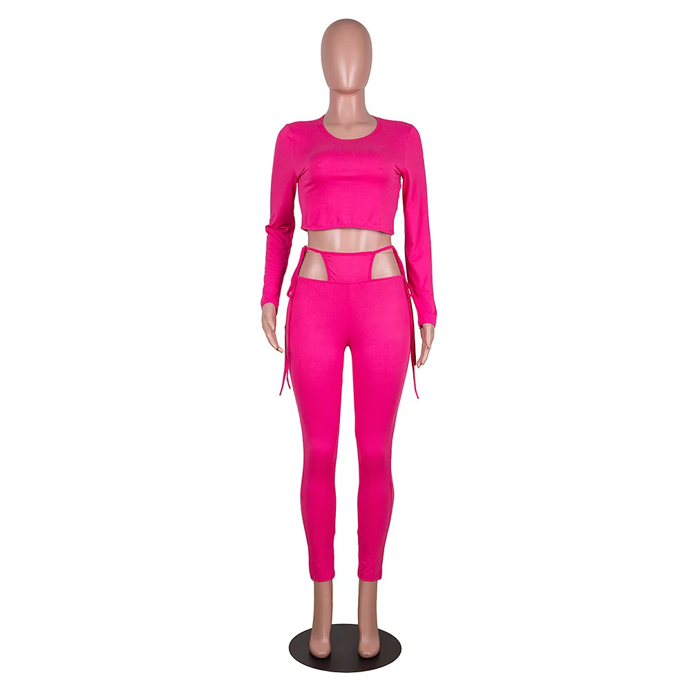 

Solid Color Round Neck Full Sleeve Short Tops Drawstring Ankle-Length Pants Exposed Navel Hollow Out Slim Fit Sexy 2 Piece Suits