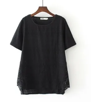 Blusas Для женщин полный хлопок черный большие размеры Футболки цветочной вышивкой длинные рукава открытые белые 3XL 6XL свободные топы тройники рубашки футболки женские - Цвет: Black