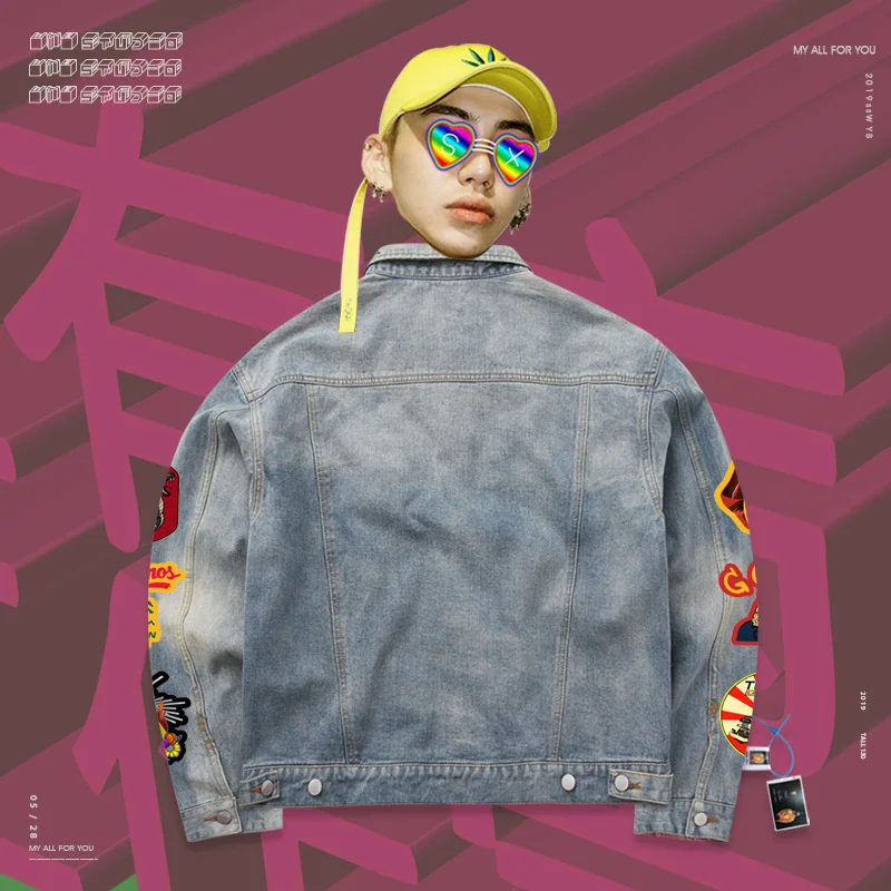 Джинсовая куртка Свободное пальто уличный злодей сшитый oldshcool принт высокий