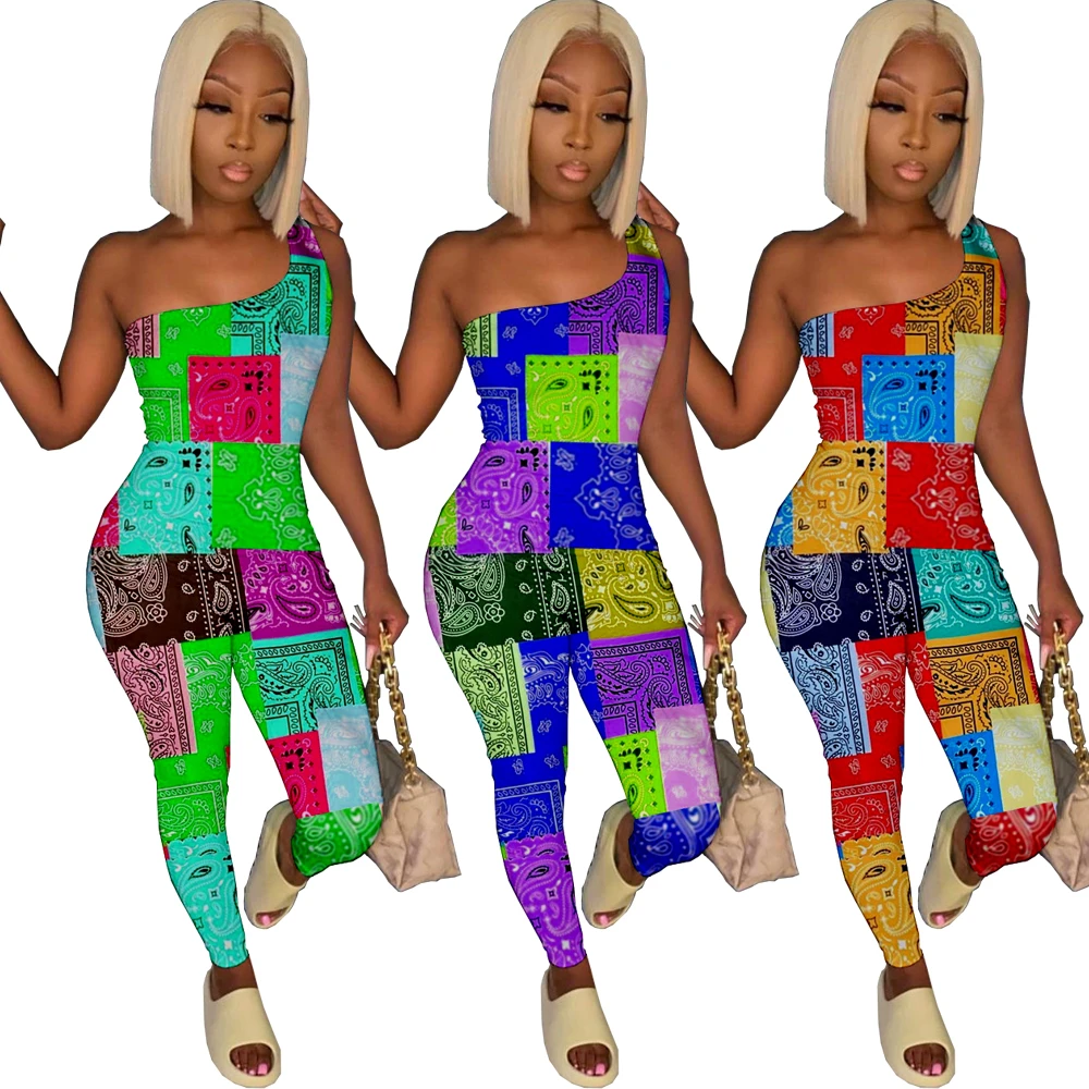 

CQ117 Europe and the United States sexy women's digital printing sleeveless one shoulder sports tight Jumpsuit spot supply