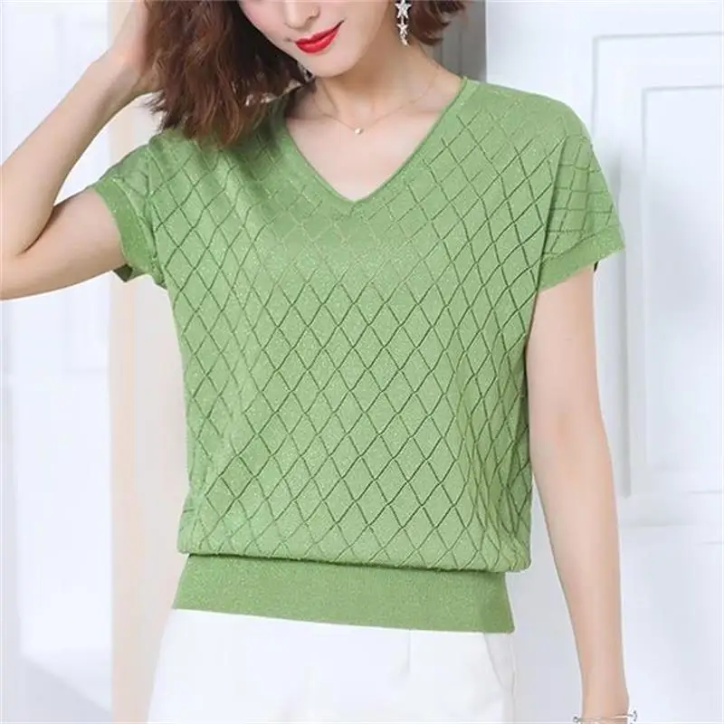 

V-neck T-shirt Women's Short-sleeved 2021 New Hollow Ice Silk Sweater Loose Bright Silk Solid Color Short Top