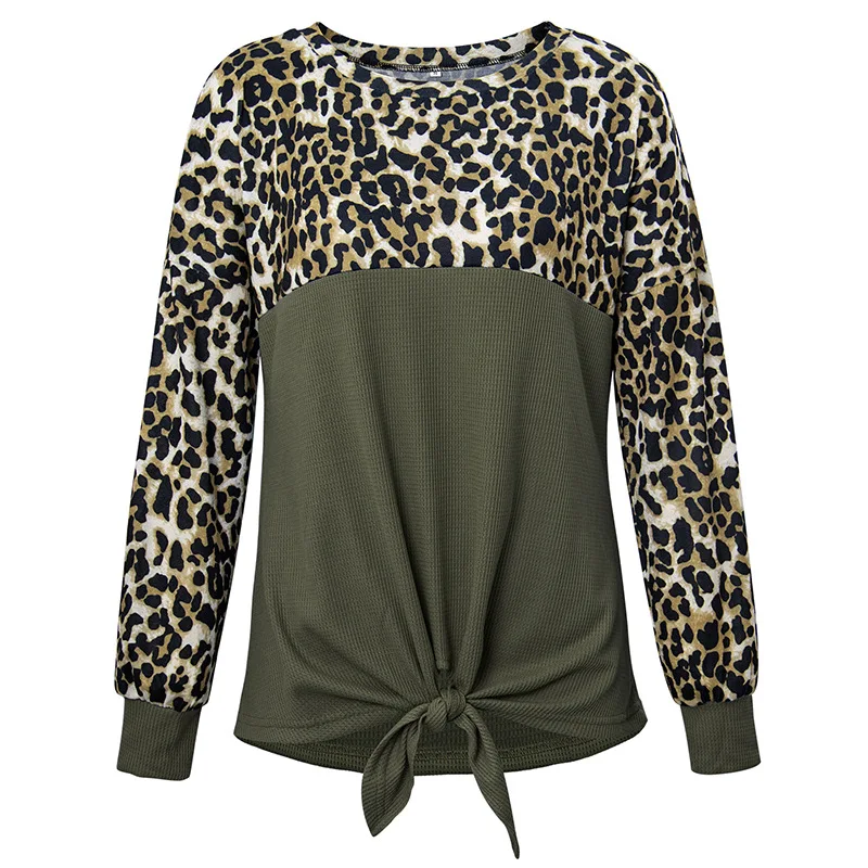

Diiwii Long Sleeve Women Tops Tee Fashion Leopard Patchwork T-Shirt Knot Loose Top 2020 Autumn New O-neck Casual Female Top