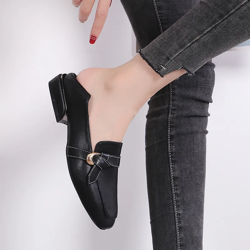 Size 43 Square Toe Slip on Leather Casual Shoes Woman Flats Loafers Korean Fashion Shoes Women Pumps High-quality Office Shoe