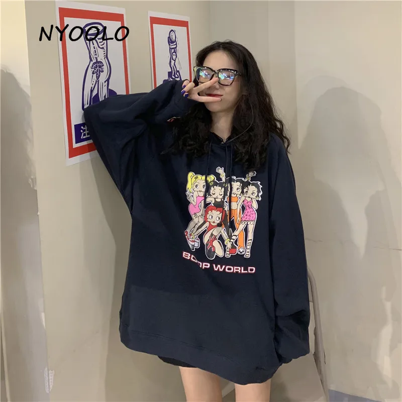 NYOOLO Harajuku мультфильм девушки печати толстовка осень уличная одежда с длинным рукавом пуловер с капюшоном свитер женская одежда верхняя одежда