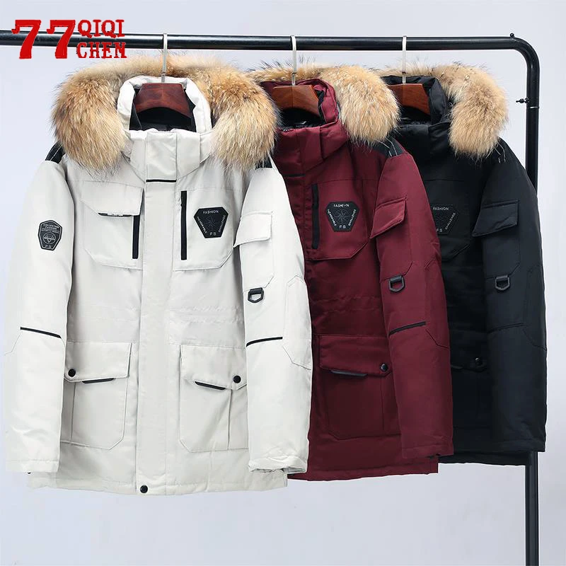 Теплая парка на белом утином пуху мужская зимняя куртка с капюшоном и