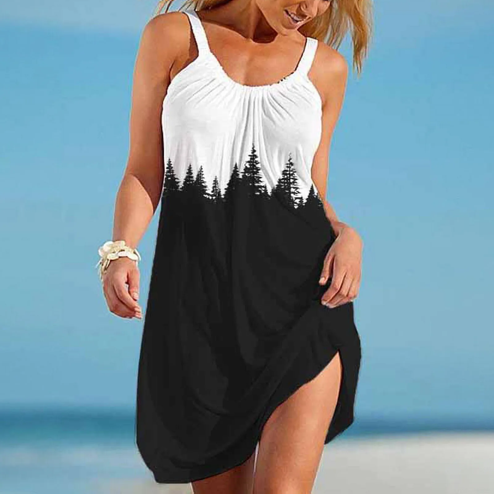 

Women's Fashion Sexy Sleeveless Cute cartoon Floral Print Hem Loose Tie Up Wrap Mini Dress Beach Dress 2021 Summer платье
