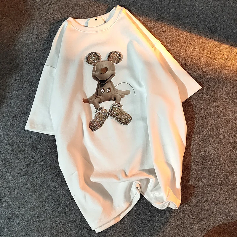 

2021 designer short sleeve T-shirt women's Korean summer heavy industry loose half sleeve top with mouse nail beads and diamond