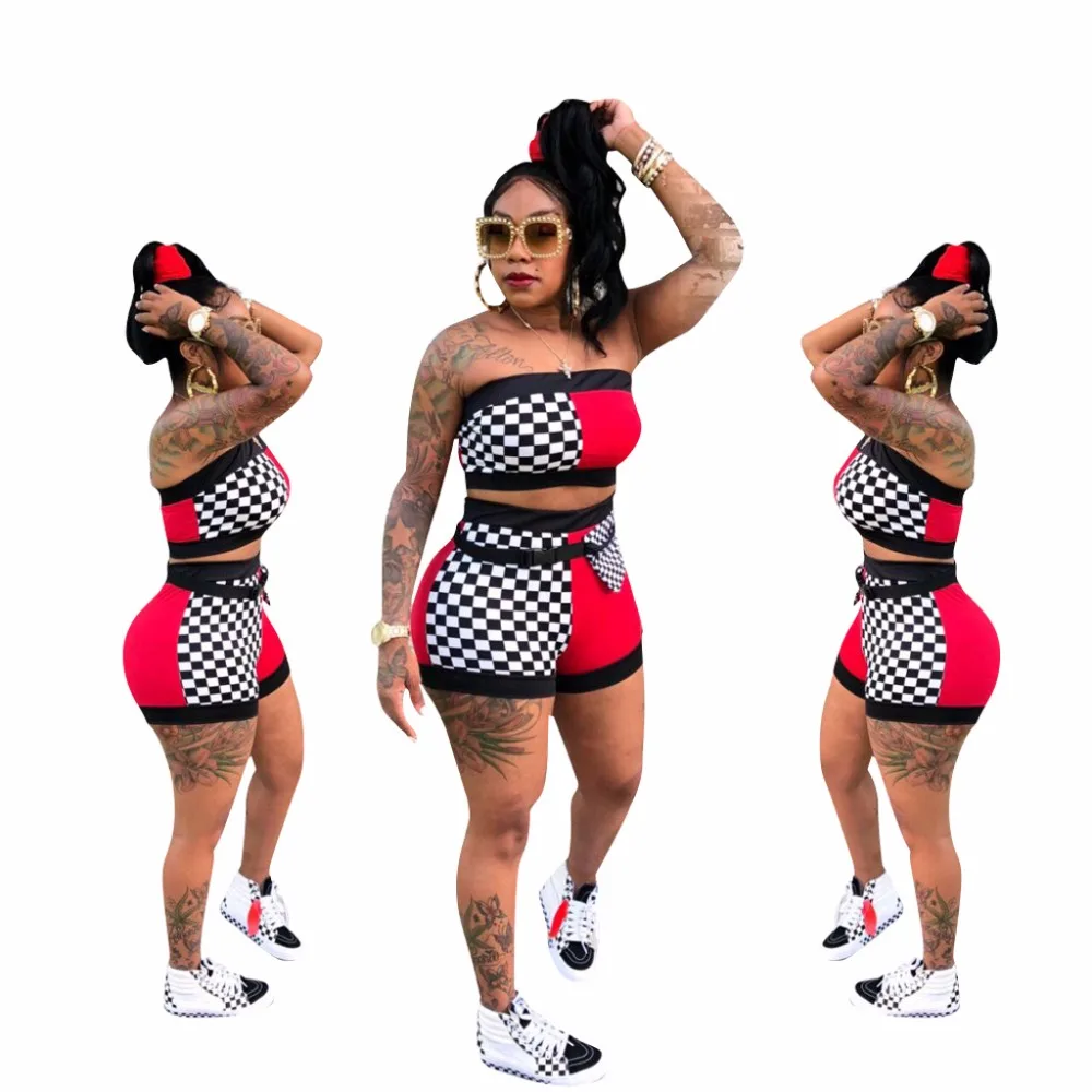 Женский клетчатый комбинезон летний стильный короткий из двух предметов в стиле