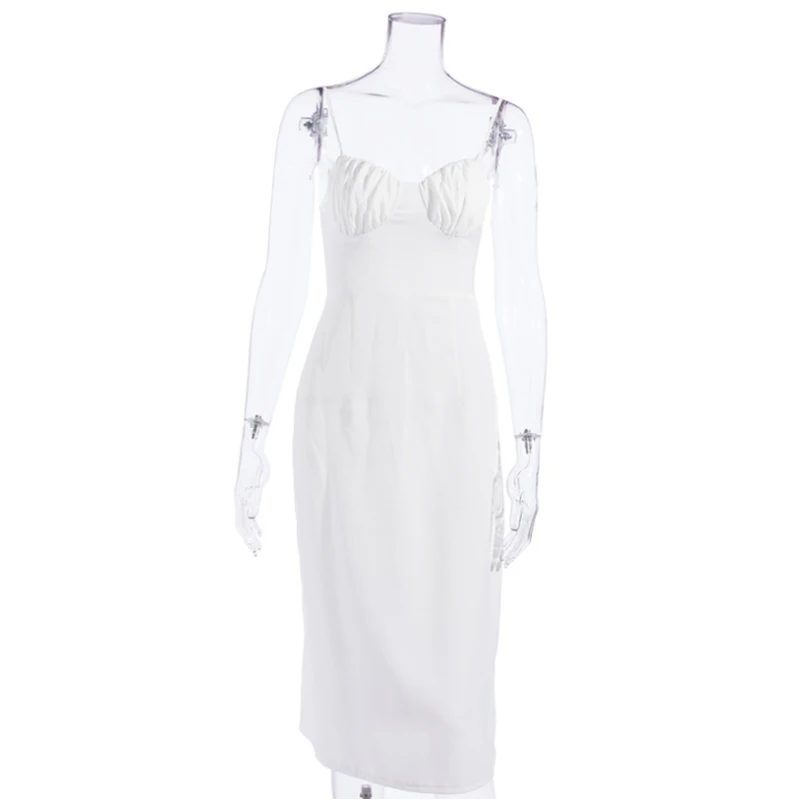 

Women Long Dress Summer Sexy Backless White Black Ruched Slip Midi Sundresses 2020 Ladies Pleated Spaghetti Strap Clothes