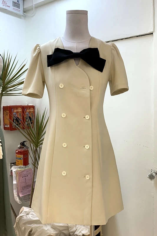 

Double Breasted Waist Slimming Dress Fashionable 2021 Summer New Bow Lady Short Sleeve Temperamental Dress Party Plain Faldas