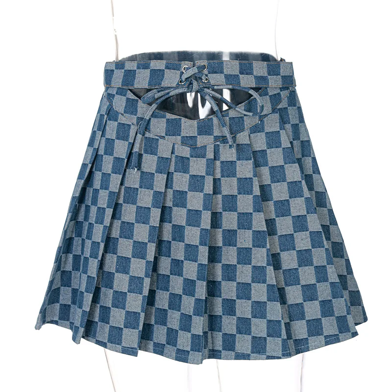 

Chicology 2021 Summer Women Pleated Skirt High Waist A Style Hollow Out Plaid Short Sexy Street Wear Clothings
