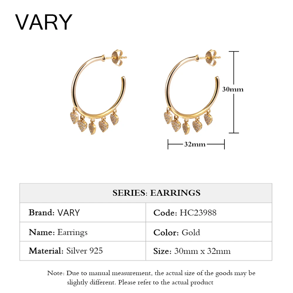 

VARY Fashionable Charm Gold Hoop Korean Earrings 925 Sterling Silver Heart Shaped Earrings For Women