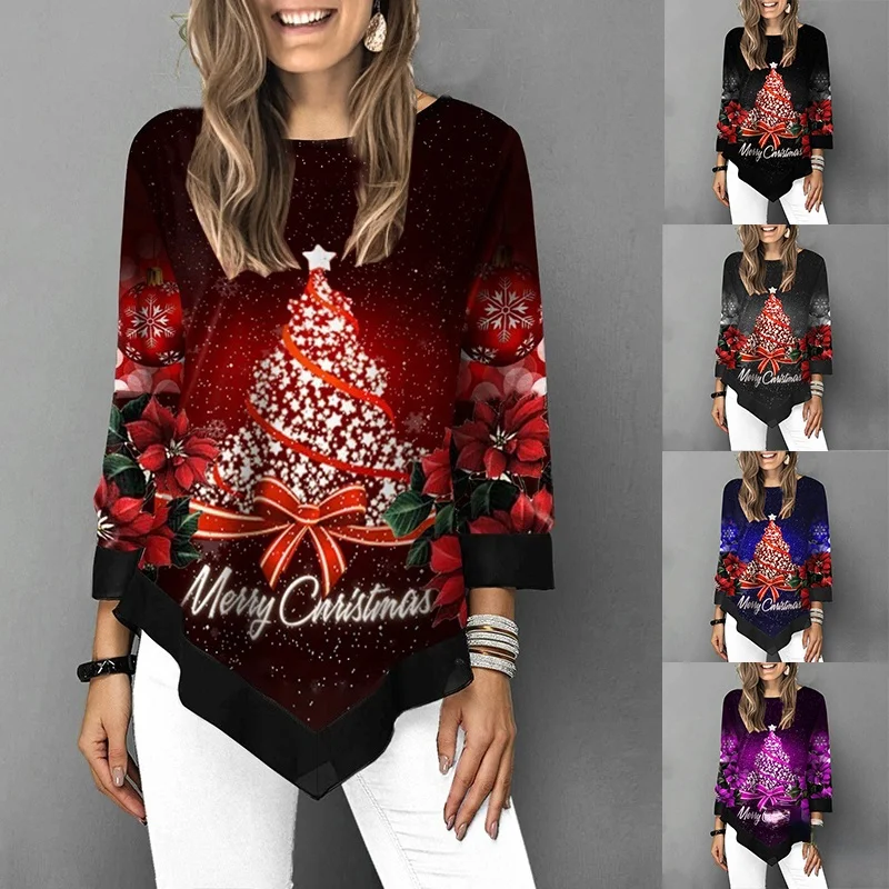 

Женская блузка с длинным рукавом, круглым вырезом и принтом ёлки