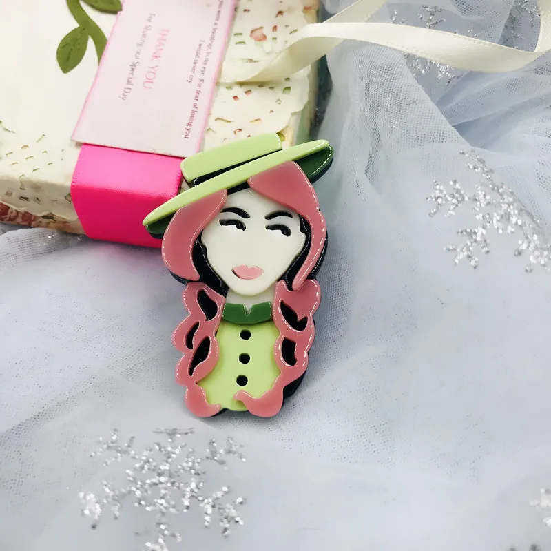 

ZiccoWong Cartoon Acrylic Green Hat Girl Brooch Pins For Women Girl Lovely Long Pink Hair Lady Badge Brooch Dress Jewelry Gift