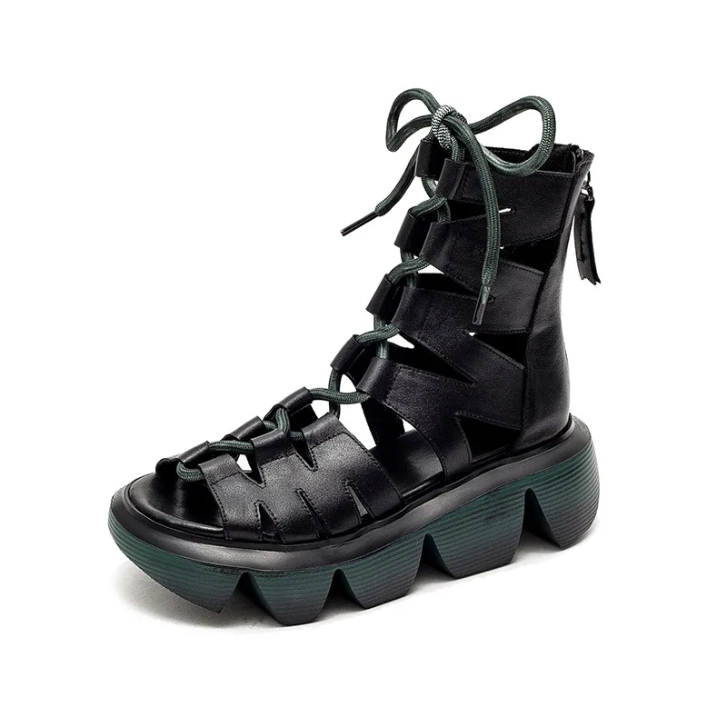 

Johnature Genuine Leather Lace-Up Shoes Women Sandals 2021 New Zip Retro Wedges Handmade Comfortable Concise Platform Sandals