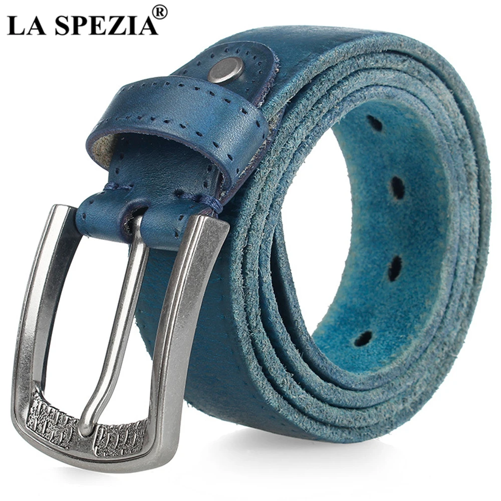 

LA SPEZIA Blue Men Casual High Quality Belt for Jeans Vintage Real Leather Cowskin Belt Men Casual Trouser Belt 120cm 125cm