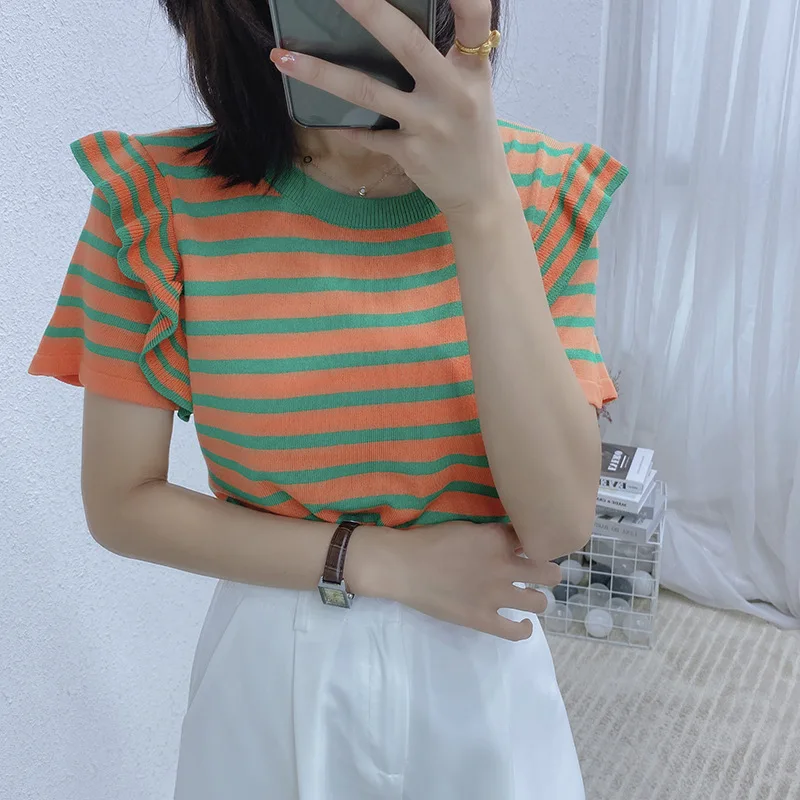 

Women Casual Kintting Short Sleeve T Shirts Basic Streetwear Striped Vinatge Pullover O Neck Ruffles Patchwork Female Tee Tops