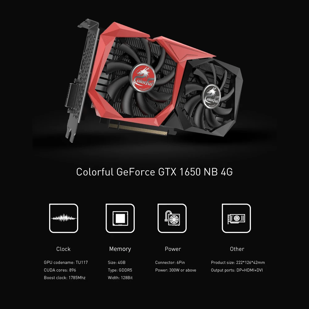 Красочные GeForce GTX 1650 NB 4G графическая карта GDDR5 4G графическая карта, видеокарта 12нм 128 бит DP+ HD+ DVI для ПК