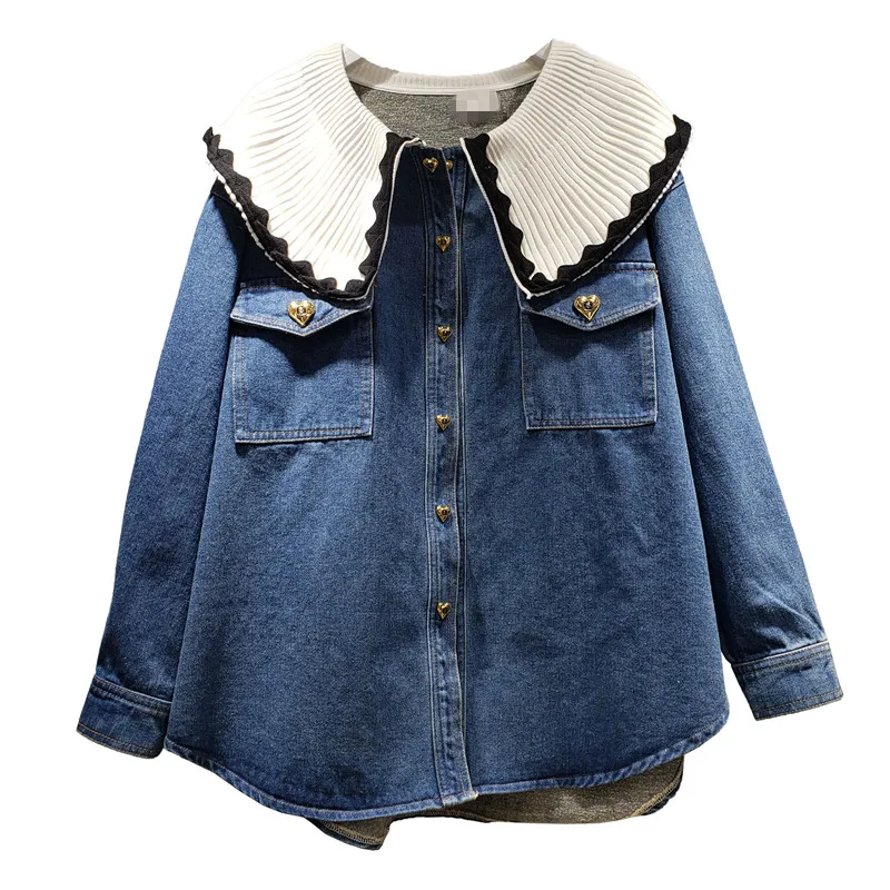 VANOVICH European and American White Lotus Leaf Collar Stitching Casual Denim Shirt 2022 Spring Autumn New Womens Tops | Женская одежда