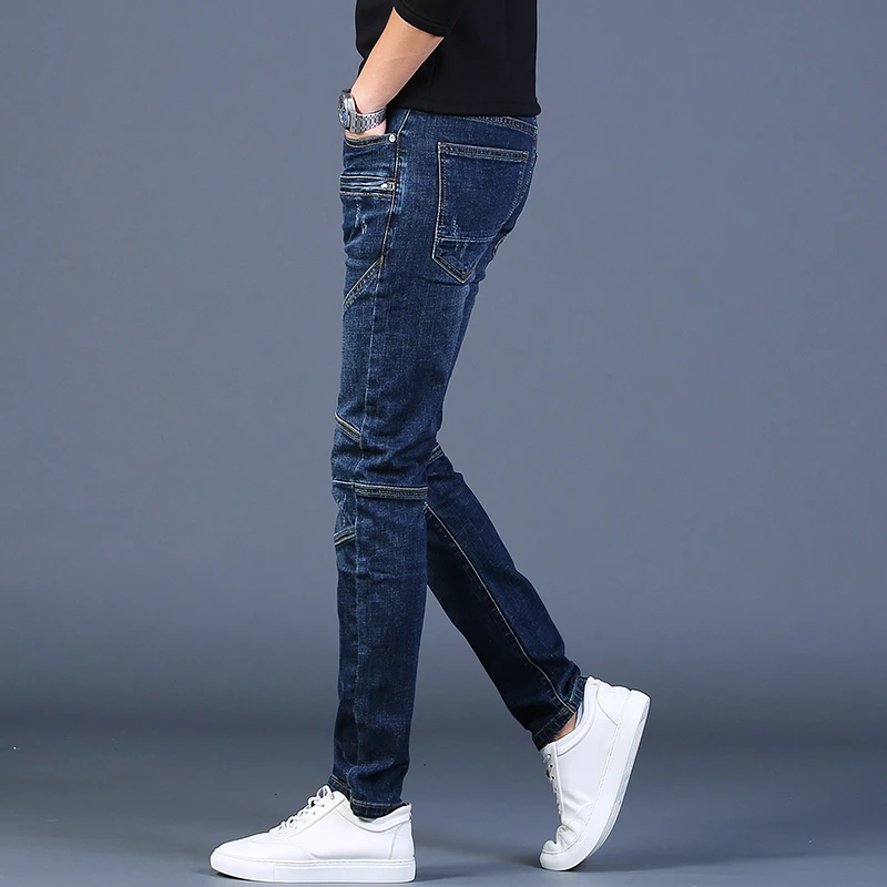 Autumn New Men Blue Patchwork Jeans Fashion Motorcycle Pants Slim Fit Straight Denim Trousers