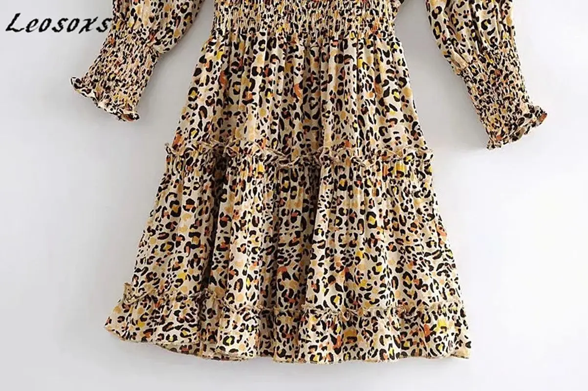 

Leosoxs ins fashion leopard print women dress high waist elastic vintage elegant Ruffles lantern sleeve dresses 2021 spring new