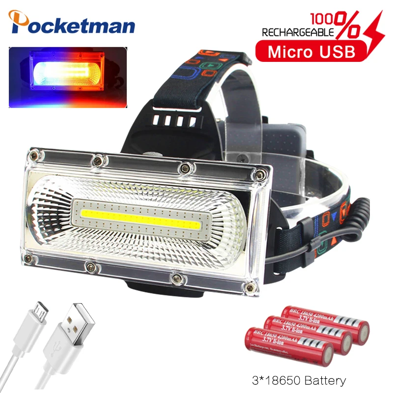 

Новинка самый мощный монолитный блок светодиодов Головной фонарь USB Перезаряжаемый Головной фонарь белый и красный и синий свет 3-режимный ...