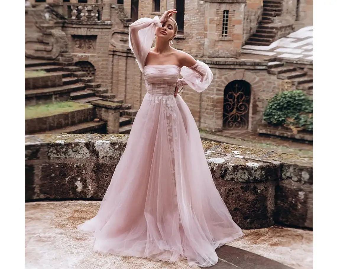 

11674 # Flush розовое свадебное платье со съемным рукавом из тюля с кружевной аппликацией со шлейфом свадебное платье