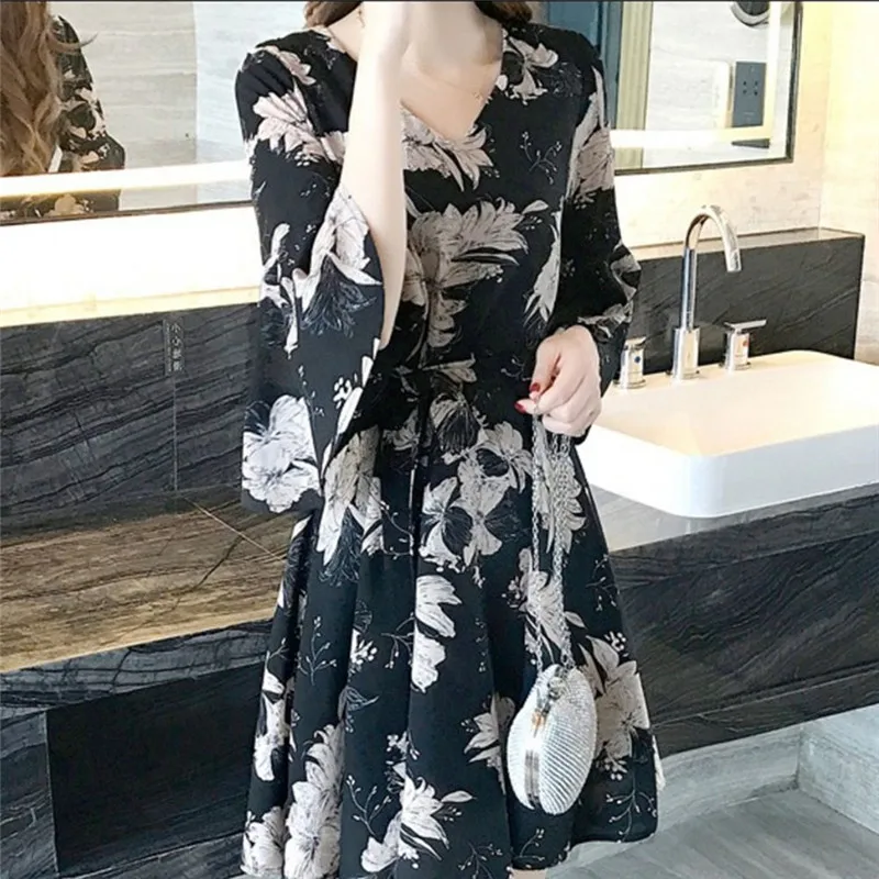 

Summer V Neck Ruffle Sleeve Floral Print Tie Waist A Line Dress Women Summer 3/4 Sleeve Chiffon Dresses