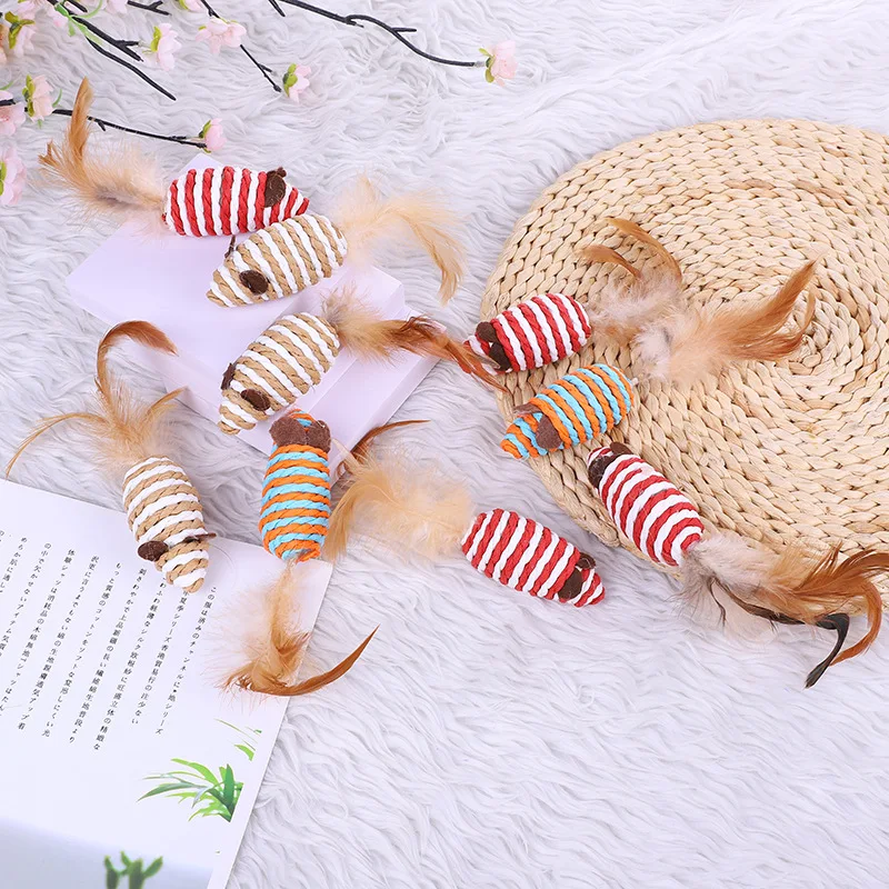 5 шт./лот меховая мышь игрушки для домашних животных кошек перо сизальная веревка