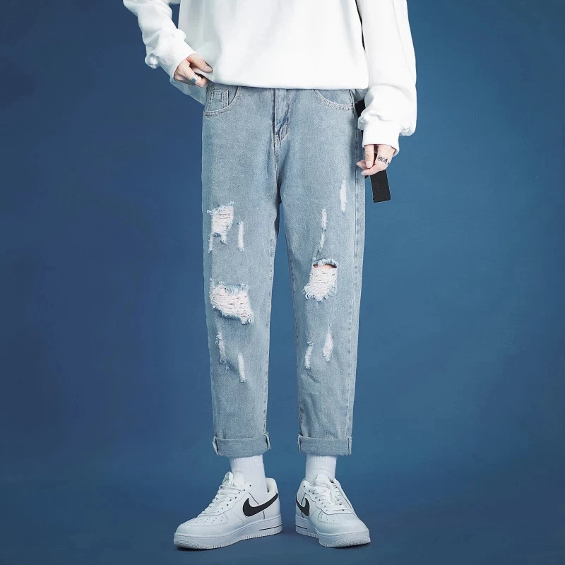 

Fashion Men's Jeans Brand Broken Hole Pants Thin Torn Solid Cotton Straight Tube Loose Vintage Washed Danim Trouser Streetwear