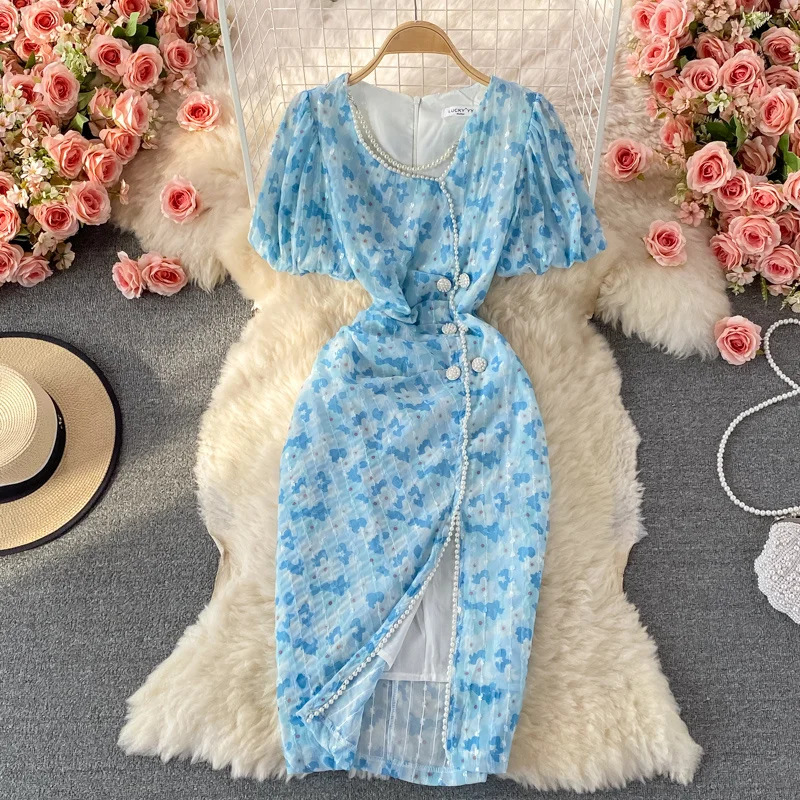 

Улучшенное длинное платье, молодежное платье с V-образным вырезом и разрезом, новинка 2021, французское нежное платье с цветочным принтом, жен...