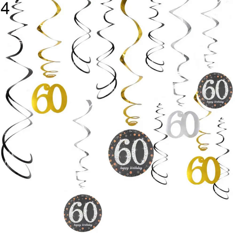 

12 Pieces Of 30/40/50/60 Spiral Ornaments Birthday Party Colored Silk Digital Hanging Tag Pendant Decoration