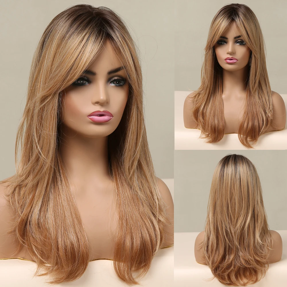 ALAN EATON Long Natural Wave Wig for Women Ombre Black Brown Golden Blonde Synthetic Wigs with Bangs Cosplay Heat Resistant Hair